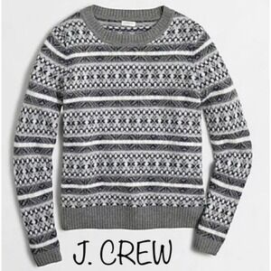J Crew Women's Fair Isle Crew Sweater Merino Wool Blend Small Gray White Black